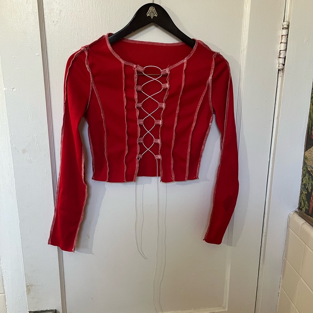 Blush Mark Red Patchwork Lace-Up Long Sleeve Crop Top - Size Small - EUC